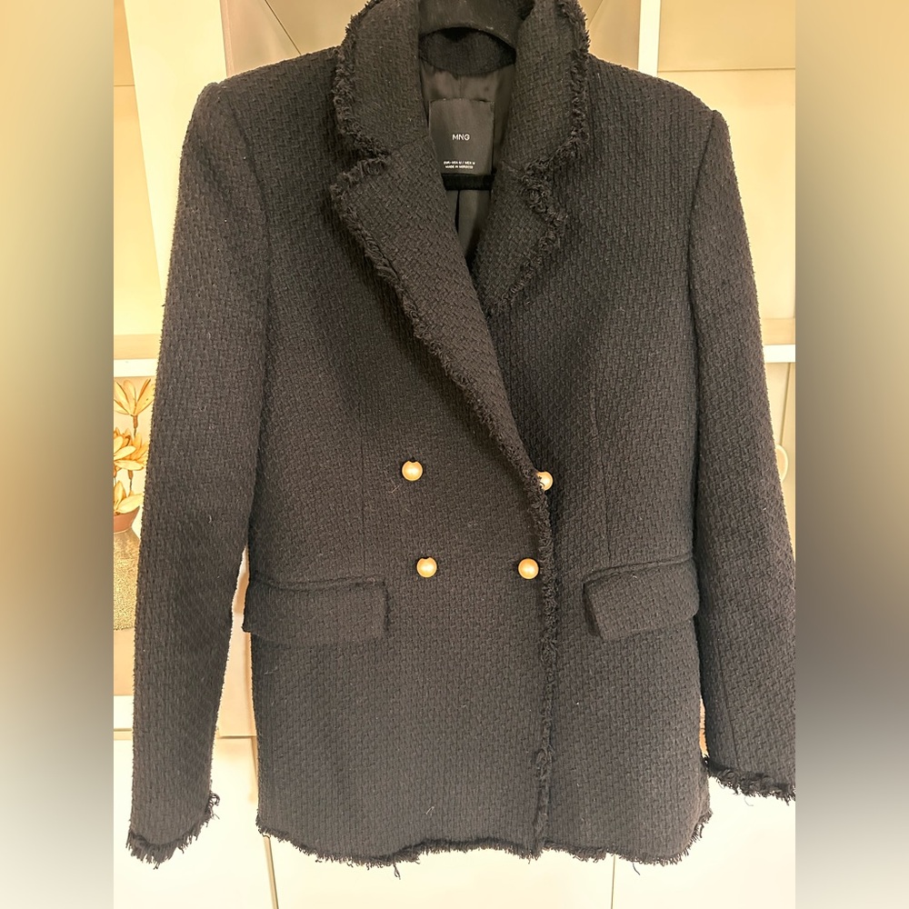 Mango Black Tweed Double Breasted Blazer Jacket with Gold Buttons